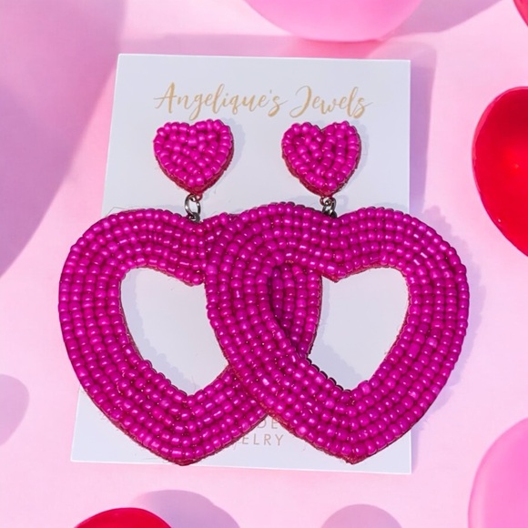 Pink Beaded Heart Hoop Earrings - Picture 1 of 1
